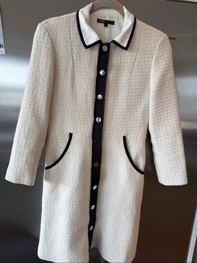 Maje Cream Long Sleeve Tweed Coat Dress with Black Trim and pockets